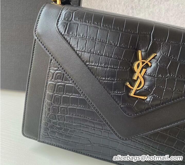 Good Taste Yves Saint Laurent GABY SATCHEL IN CROCODILE-EMBOSSED LACQUERED LEATHER AND LAMBSKIN 695724 black