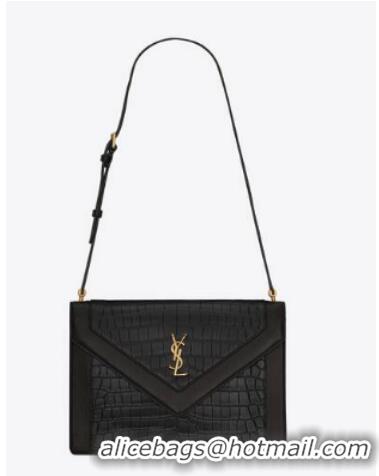 Good Taste Yves Saint Laurent GABY SATCHEL IN CROCODILE-EMBOSSED LACQUERED LEATHER AND LAMBSKIN 695724 black