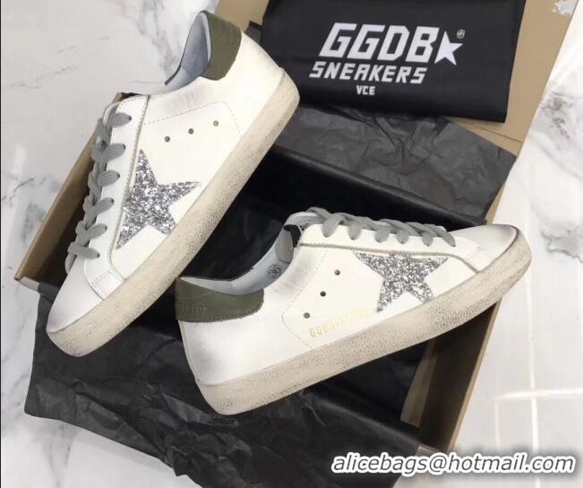 Modern Golden Goose GGDB Super-Star Sneakers with Silver Glitter Star White 052153