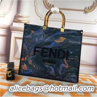 Famous Brand Fendi Tote Fabric Graffiti Print Shopping Bag 1676 Blue