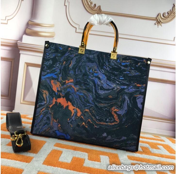 Famous Brand Fendi Tote Fabric Graffiti Print Shopping Bag 1676 Blue