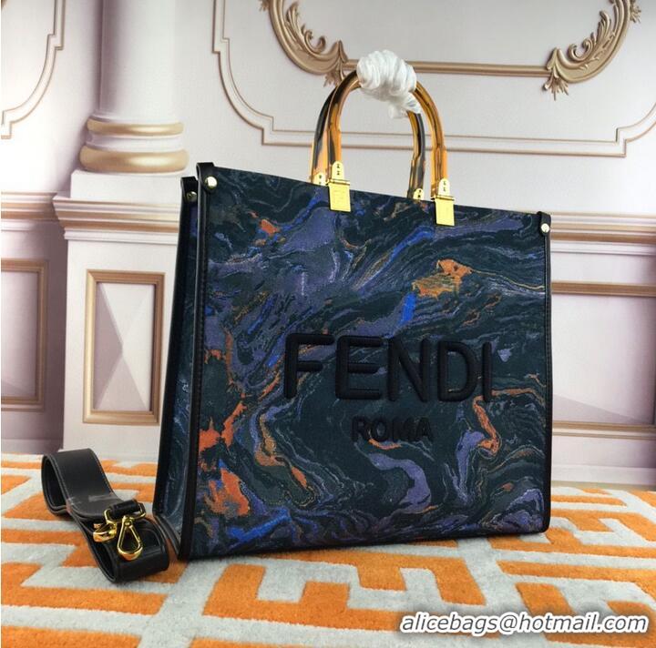 Famous Brand Fendi Tote Fabric Graffiti Print Shopping Bag 1676 Blue