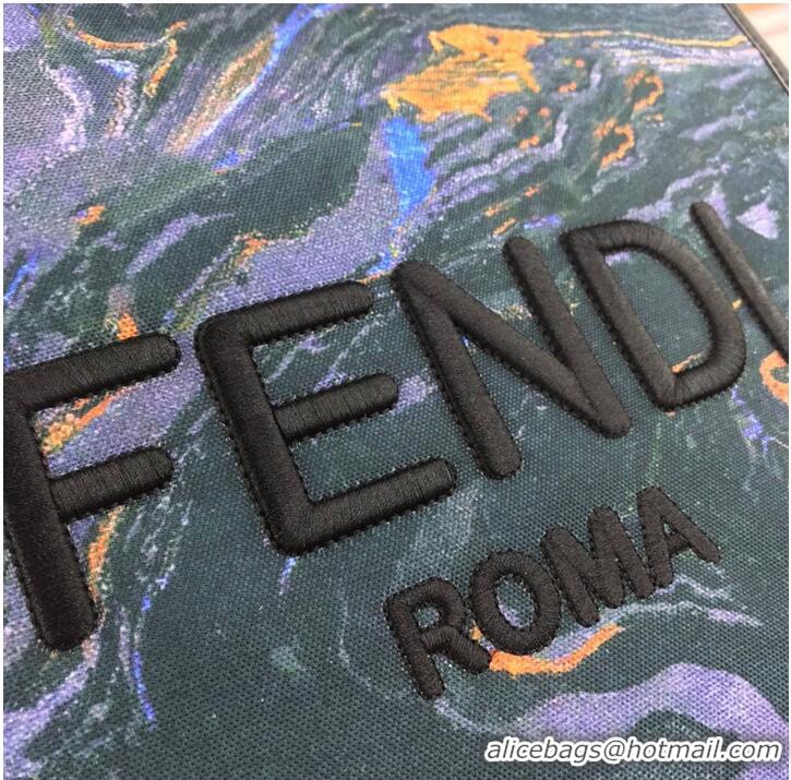 Famous Brand Fendi Tote Fabric Graffiti Print Shopping Bag 1676 Blue