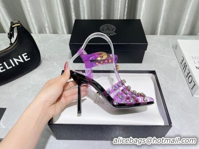 Grade Versace Crystal PVC High Heel Sandals 9.5cm Purple 2022 050703