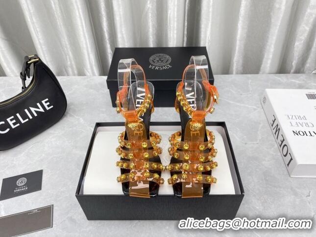 Fashion Versace Crystal PVC High Heel Sandals 9.5cm Orange 2022 050706