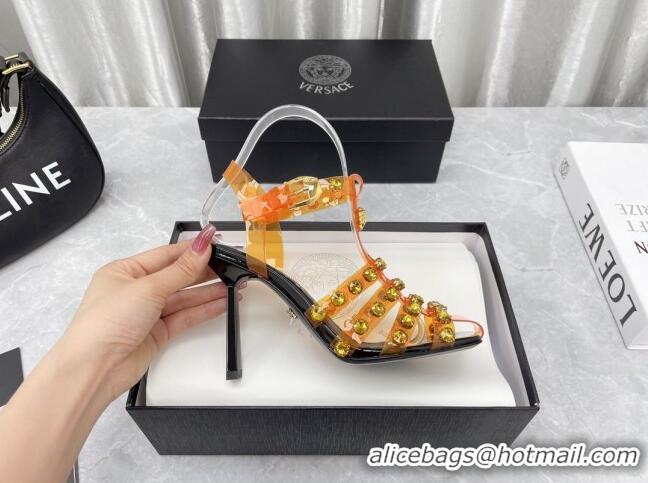 Fashion Versace Crystal PVC High Heel Sandals 9.5cm Orange 2022 050706