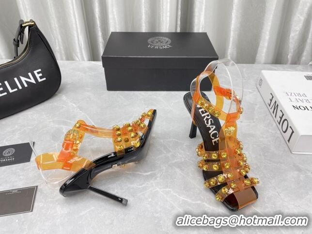 Fashion Versace Crystal PVC High Heel Sandals 9.5cm Orange 2022 050706