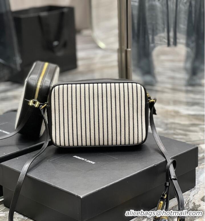 Shop SAINT LAURENT LOU CAMERA BAG IN CANVAS AND SMOOTH LEATHER 612542 CREAM ET NOIR