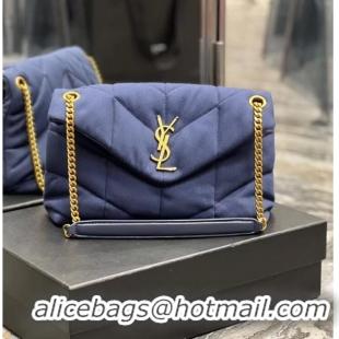 Famous Brand SAINT LAURENT PUFFER SMALL CHAIN BAG IN DENIM AND SMOOTH LEATHER 577476 dark blue