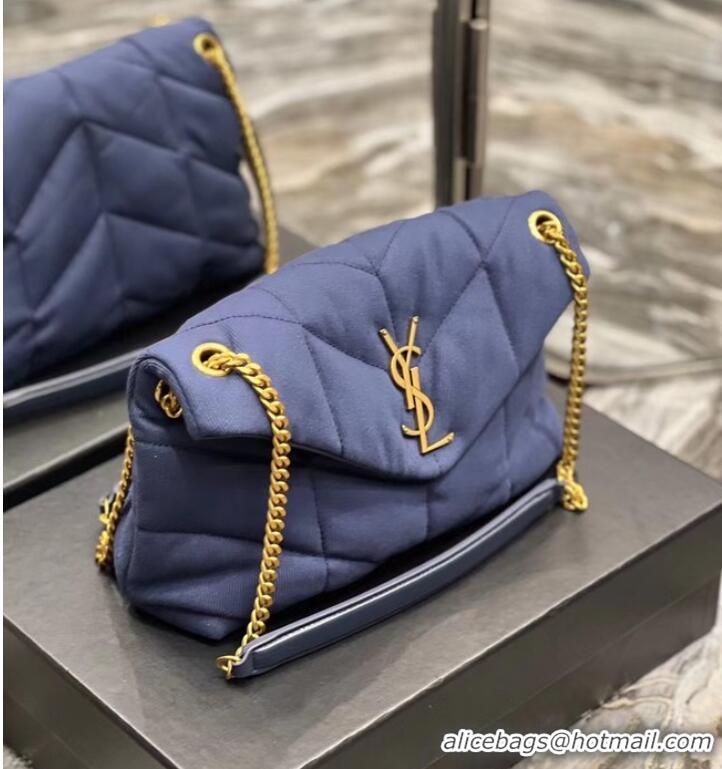 Famous Brand SAINT LAURENT PUFFER SMALL CHAIN BAG IN DENIM AND SMOOTH LEATHER 577476 dark blue