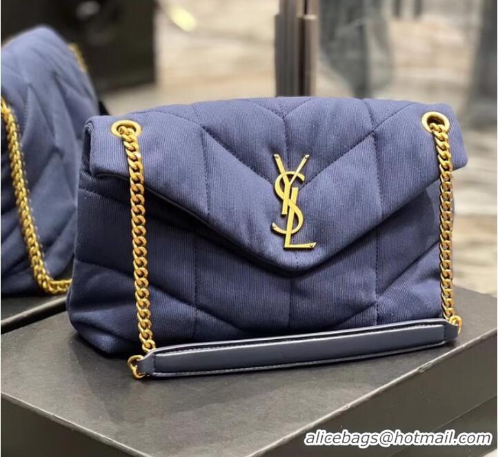 Famous Brand SAINT LAURENT PUFFER SMALL CHAIN BAG IN DENIM AND SMOOTH LEATHER 577476 dark blue