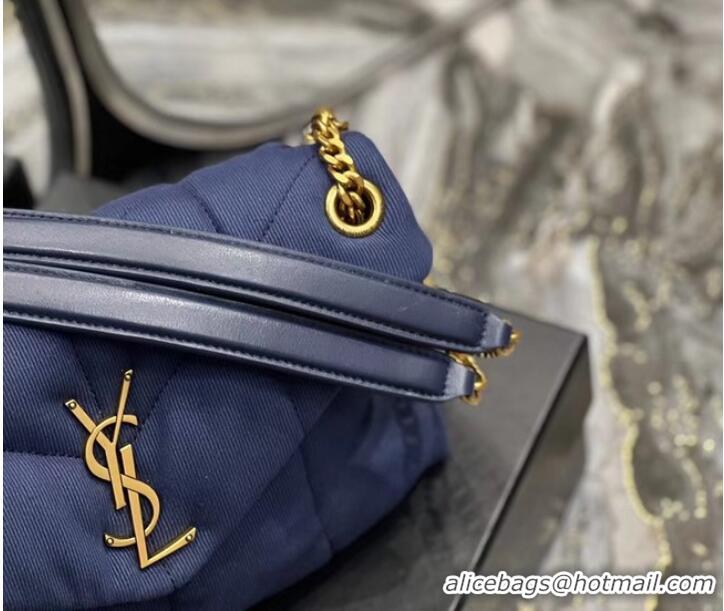 Famous Brand SAINT LAURENT PUFFER SMALL CHAIN BAG IN DENIM AND SMOOTH LEATHER 577476 dark blue