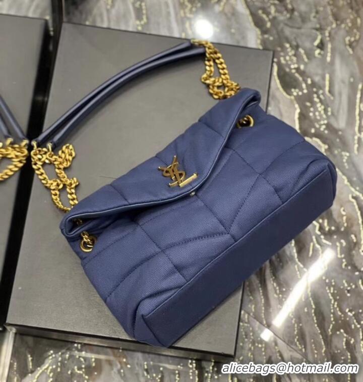 Famous Brand SAINT LAURENT PUFFER SMALL CHAIN BAG IN DENIM AND SMOOTH LEATHER 577476 dark blue