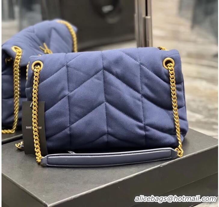 Famous Brand SAINT LAURENT PUFFER SMALL CHAIN BAG IN DENIM AND SMOOTH LEATHER 577476 dark blue