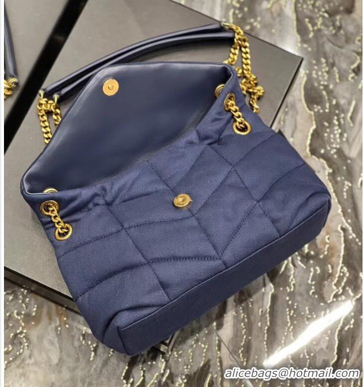 Famous Brand SAINT LAURENT PUFFER SMALL CHAIN BAG IN DENIM AND SMOOTH LEATHER 577476 dark blue