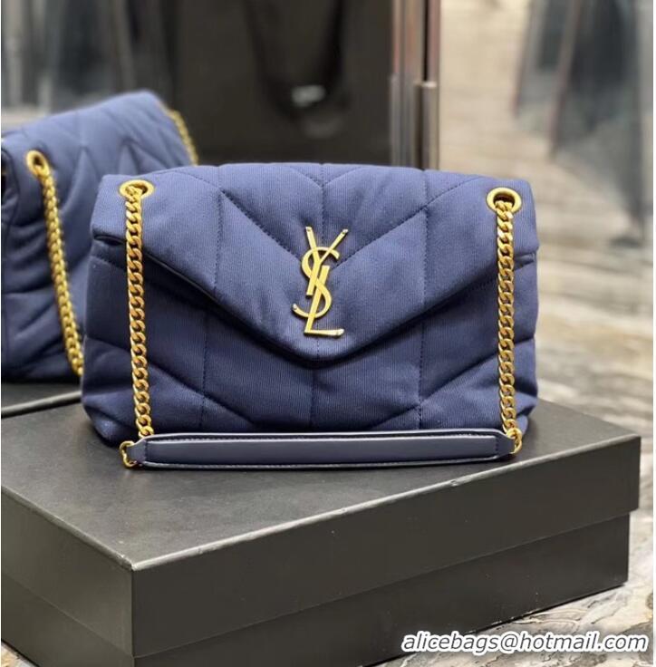 Famous Brand SAINT LAURENT PUFFER SMALL CHAIN BAG IN DENIM AND SMOOTH LEATHER 577476 dark blue