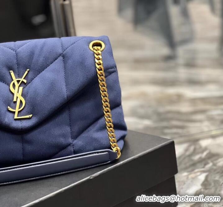 Famous Brand SAINT LAURENT PUFFER SMALL CHAIN BAG IN DENIM AND SMOOTH LEATHER 577476 dark blue