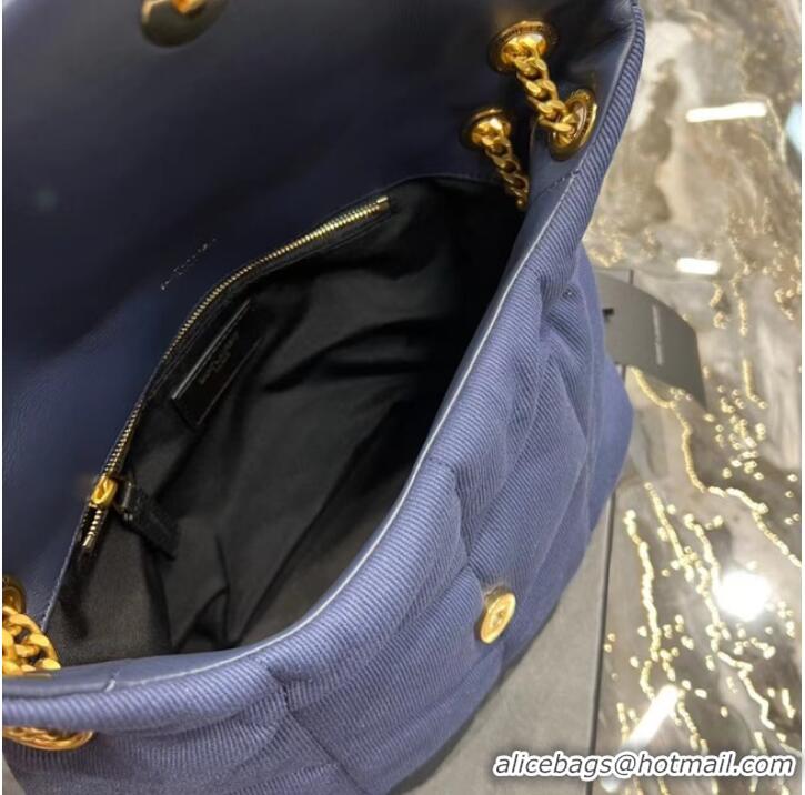 Famous Brand SAINT LAURENT PUFFER SMALL CHAIN BAG IN DENIM AND SMOOTH LEATHER 577476 dark blue