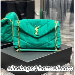 Super Quality SAINT LAURENT PUFFER SMALL CHAIN BAG IN DENIM AND SMOOTH LEATHER 577476 green