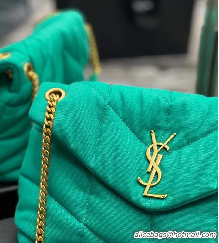 Super Quality SAINT LAURENT PUFFER SMALL CHAIN BAG IN DENIM AND SMOOTH LEATHER 577476 green