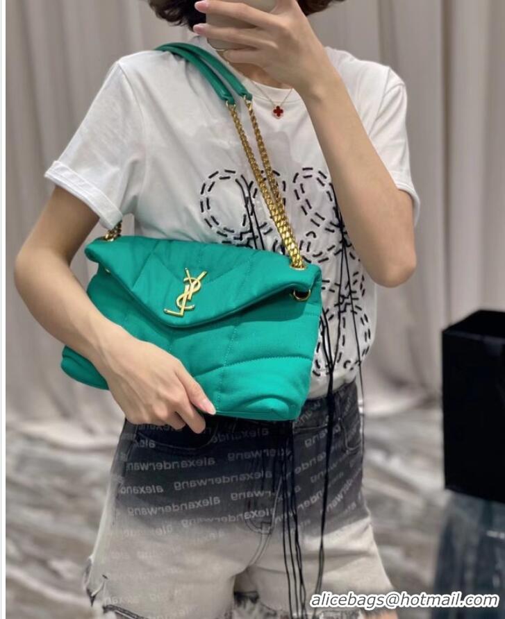 Super Quality SAINT LAURENT PUFFER SMALL CHAIN BAG IN DENIM AND SMOOTH LEATHER 577476 green