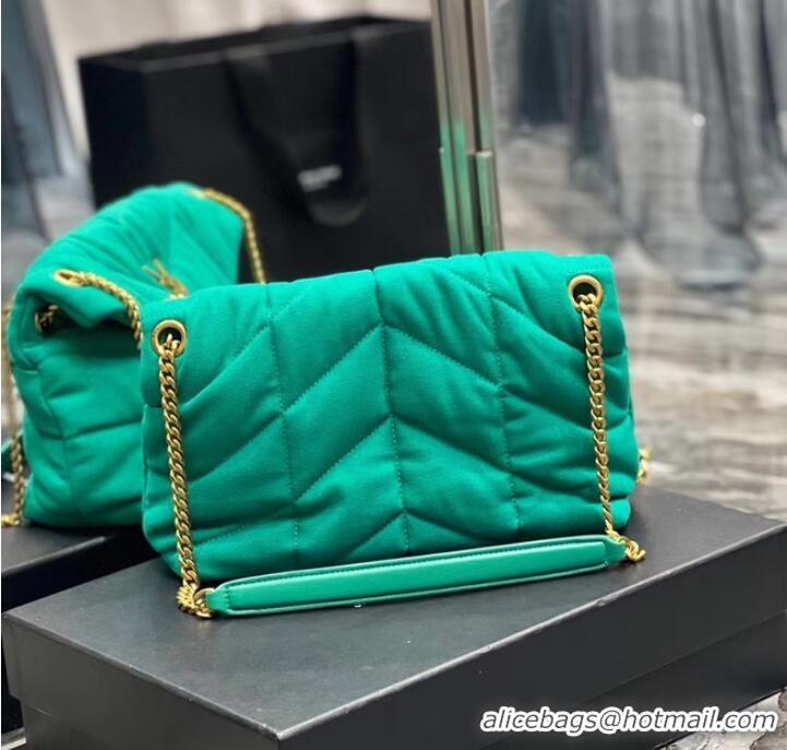 Super Quality SAINT LAURENT PUFFER SMALL CHAIN BAG IN DENIM AND SMOOTH LEATHER 577476 green