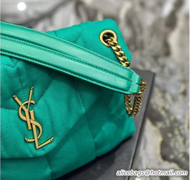 Super Quality SAINT LAURENT PUFFER SMALL CHAIN BAG IN DENIM AND SMOOTH LEATHER 577476 green