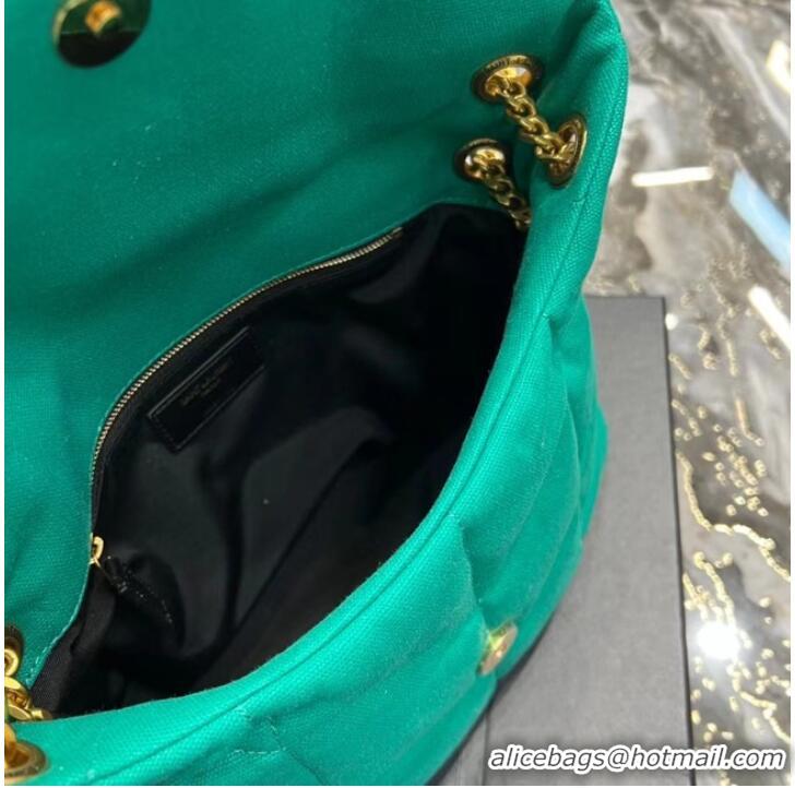 Super Quality SAINT LAURENT PUFFER SMALL CHAIN BAG IN DENIM AND SMOOTH LEATHER 577476 green