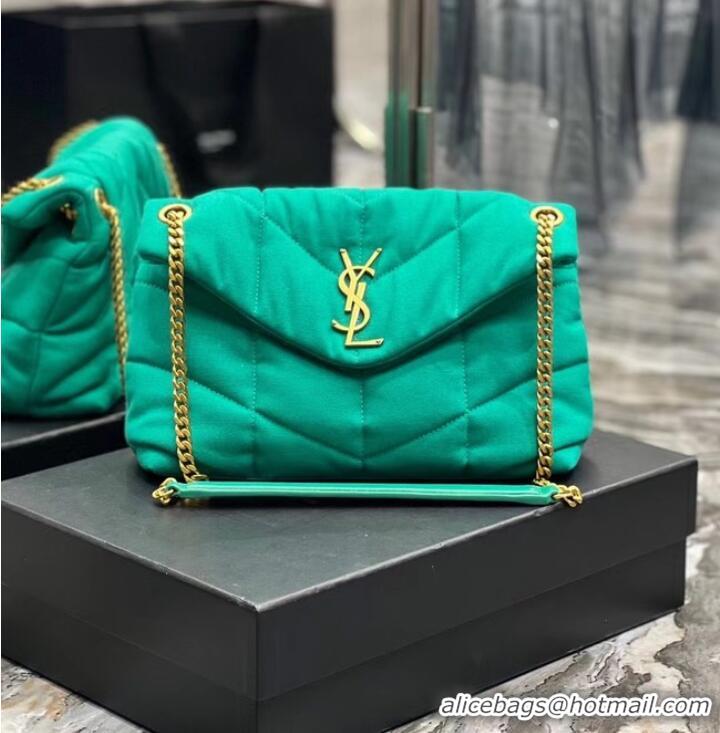 Super Quality SAINT LAURENT PUFFER SMALL CHAIN BAG IN DENIM AND SMOOTH LEATHER 577476 green