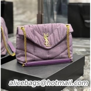 Top Grade SAINT LAURENT PUFFER SMALL CHAIN BAG IN DENIM AND SMOOTH LEATHER 577476 BLEACHED LILAC