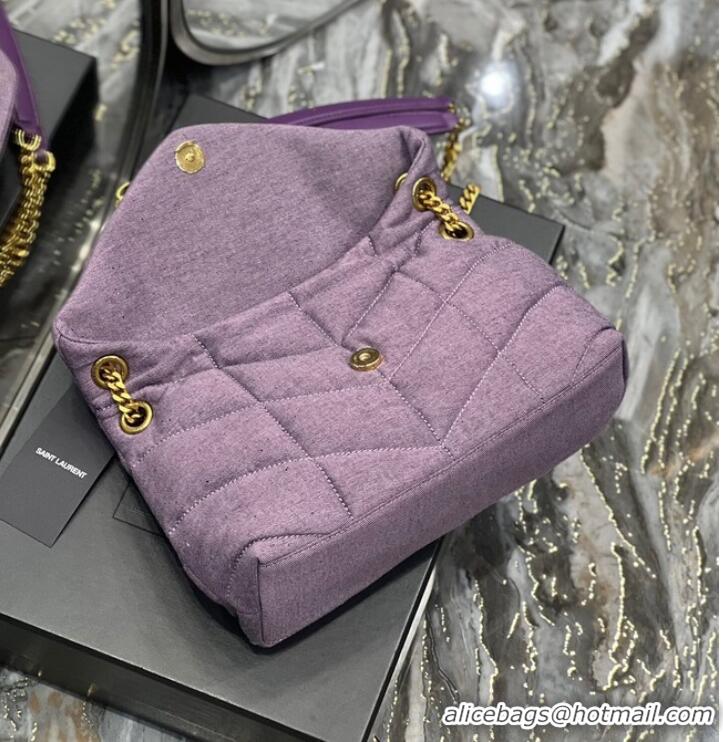 Top Grade SAINT LAURENT PUFFER SMALL CHAIN BAG IN DENIM AND SMOOTH LEATHER 577476 BLEACHED LILAC