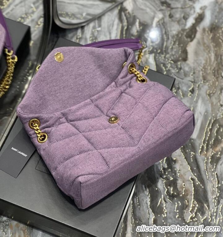 Top Grade SAINT LAURENT PUFFER SMALL CHAIN BAG IN DENIM AND SMOOTH LEATHER 577476 BLEACHED LILAC