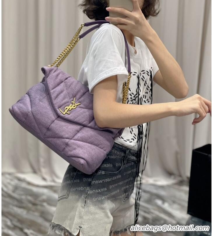 Top Grade SAINT LAURENT PUFFER SMALL CHAIN BAG IN DENIM AND SMOOTH LEATHER 577476 BLEACHED LILAC