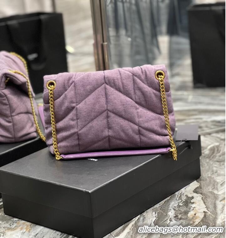 Top Grade SAINT LAURENT PUFFER SMALL CHAIN BAG IN DENIM AND SMOOTH LEATHER 577476 BLEACHED LILAC