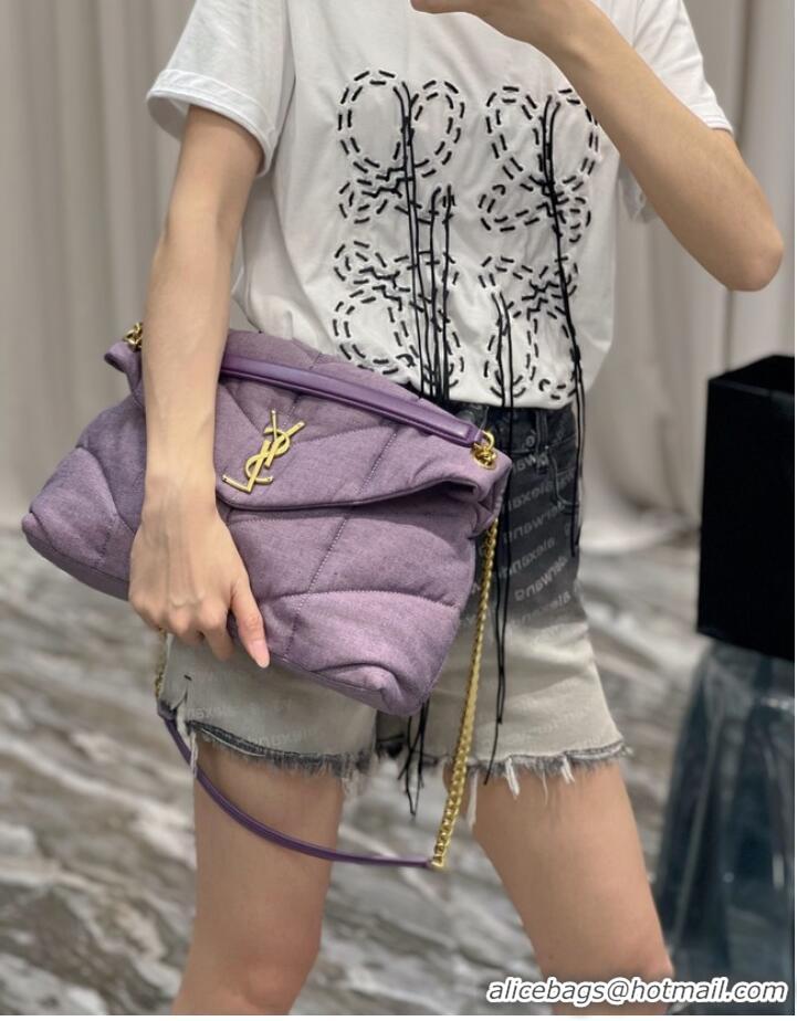 Top Grade SAINT LAURENT PUFFER SMALL CHAIN BAG IN DENIM AND SMOOTH LEATHER 577476 BLEACHED LILAC