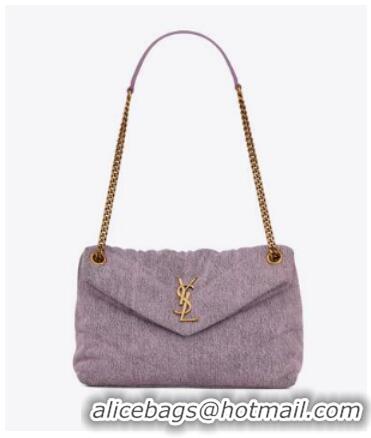 Top Grade SAINT LAURENT PUFFER SMALL CHAIN BAG IN DENIM AND SMOOTH LEATHER 577476 BLEACHED LILAC