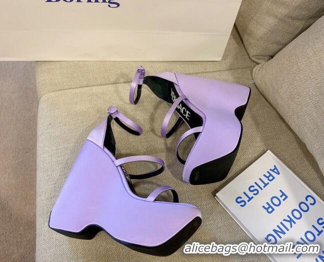 Pretty Style Versace Triplatform Silk Wedge Platform Strap Sandals 16cm Purple 052549