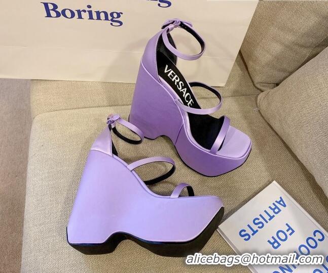 Pretty Style Versace Triplatform Silk Wedge Platform Strap Sandals 16cm Purple 052549