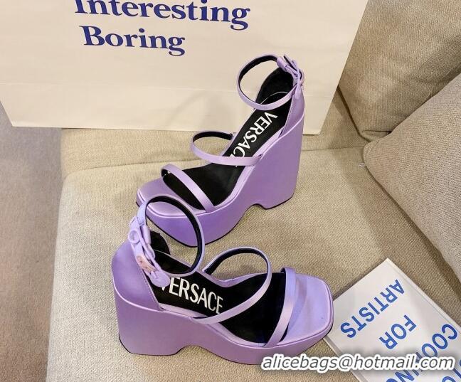 Pretty Style Versace Triplatform Silk Wedge Platform Strap Sandals 16cm Purple 052549