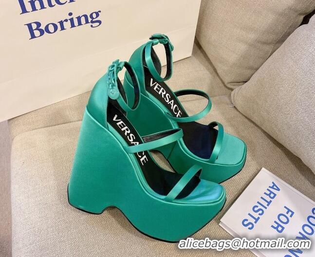 Shop Duplicate Versace Triplatform Silk Wedge Platform Strap Sandals 16cm Aqua Green 052550