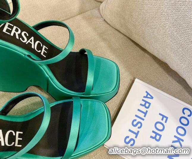 Shop Duplicate Versace Triplatform Silk Wedge Platform Strap Sandals 16cm Aqua Green 052550