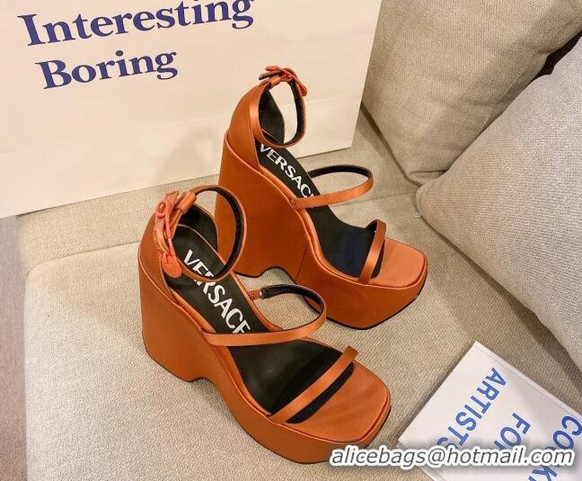 Durable Versace Triplatform Silk Wedge Platform Strap Sandals 16cm Orange 052551