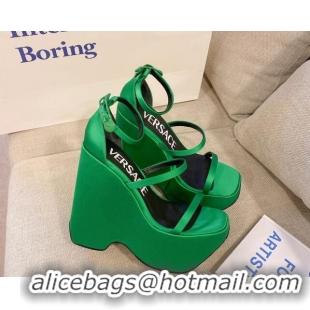 Good Quality Versace Triplatform Silk Wedge Platform Strap Sandals 16cm Bright Green 052553