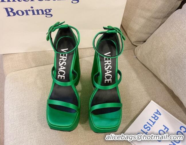 Good Quality Versace Triplatform Silk Wedge Platform Strap Sandals 16cm Bright Green 052553