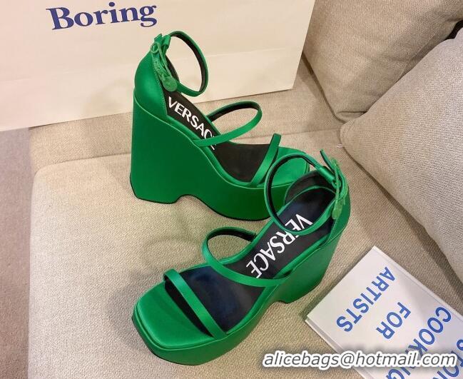 Good Quality Versace Triplatform Silk Wedge Platform Strap Sandals 16cm Bright Green 052553