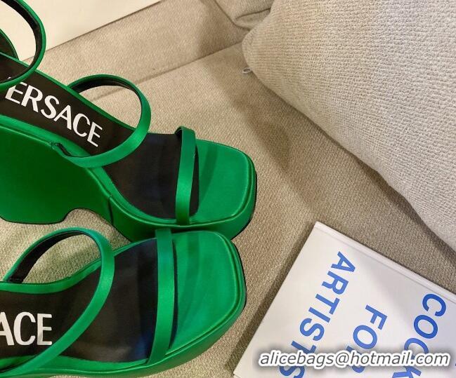 Good Quality Versace Triplatform Silk Wedge Platform Strap Sandals 16cm Bright Green 052553