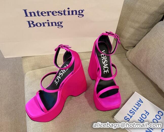 Shop Cheap Versace Triplatform Silk Wedge Platform Strap Sandals 16cm Fuchsia Pink 052554