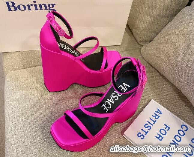 Shop Cheap Versace Triplatform Silk Wedge Platform Strap Sandals 16cm Fuchsia Pink 052554