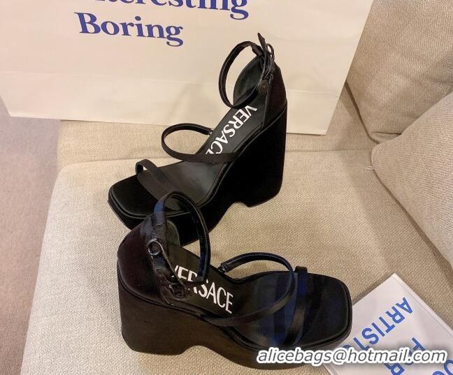 Sophisticated Versace Triplatform Silk Wedge Platform Strap Sandals 16cm Black 052555