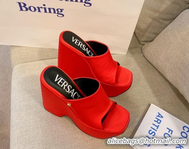 Discount Versace Triplatform Silk Wedge Platform Mules 16cm Red 052557